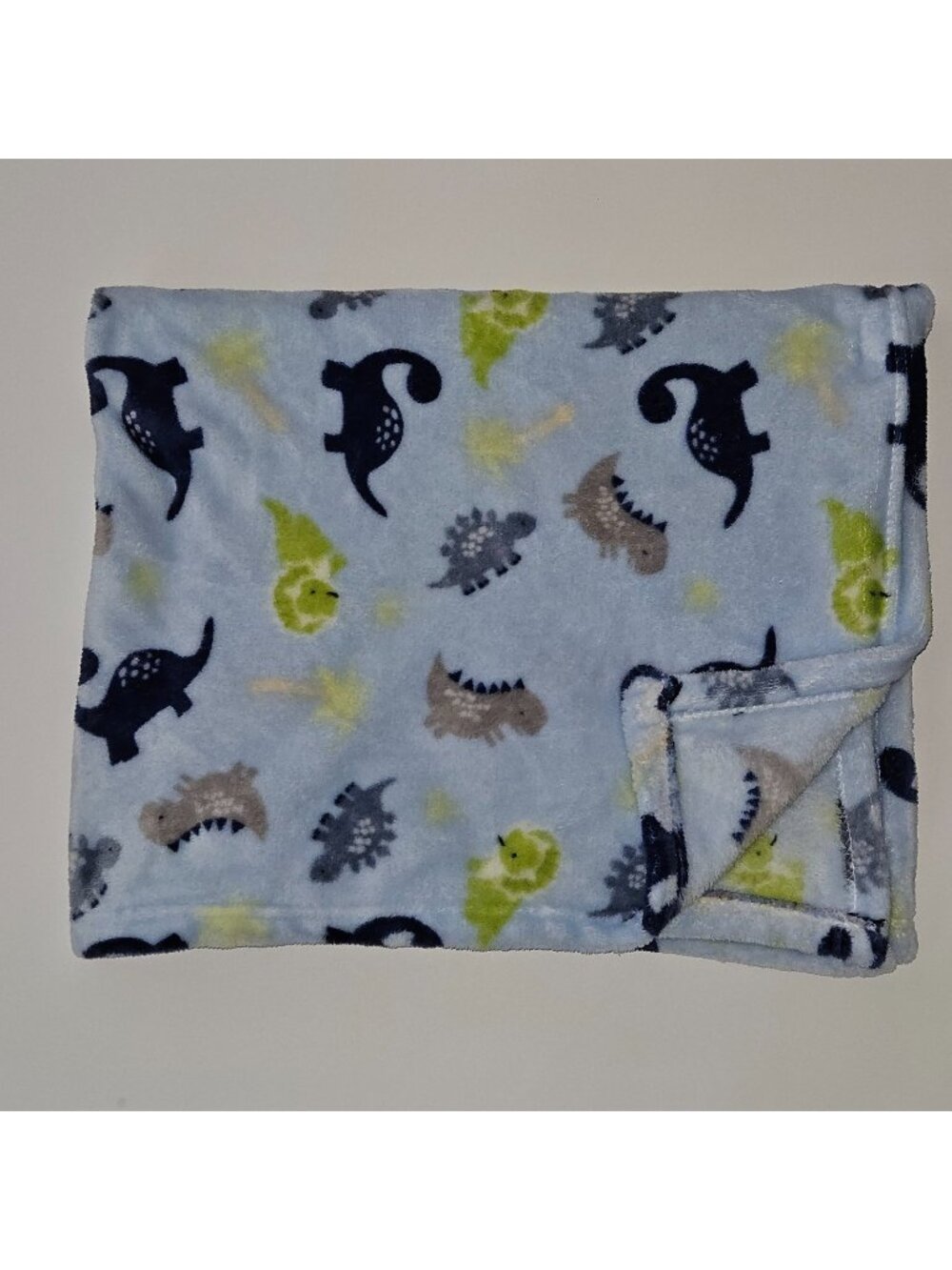 Parent's Choice Blue Dinosaur Fleece Baby Blanket Gray Green Trees 30x36 SOFT